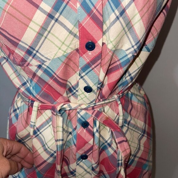 J Peterman Vintage Midi Dress Size 6 Pink Blue Cream Plaid Cotton Matching Belt - Picture 8 of 15